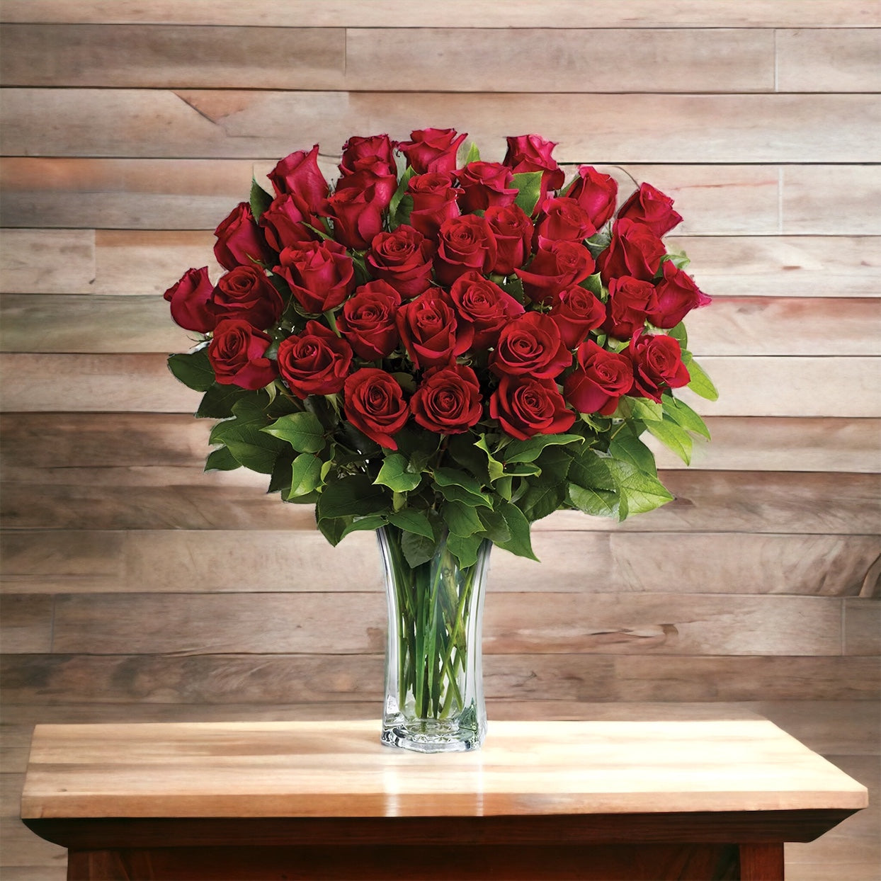 Thirty-six roses in a glass vase
