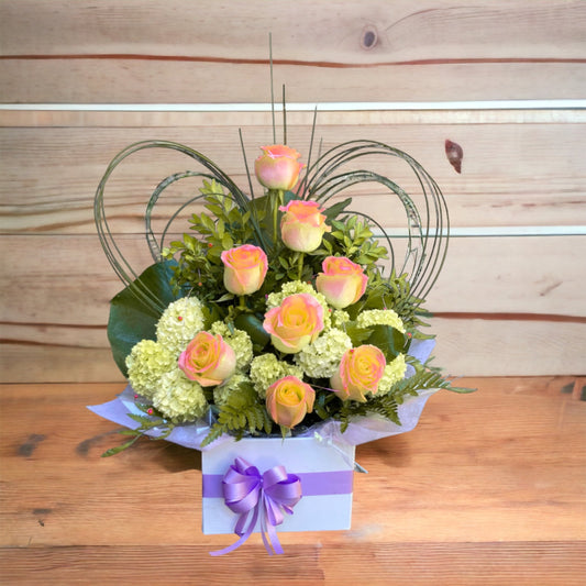 Yellow Heart Rose Box with Seasonal Flowers