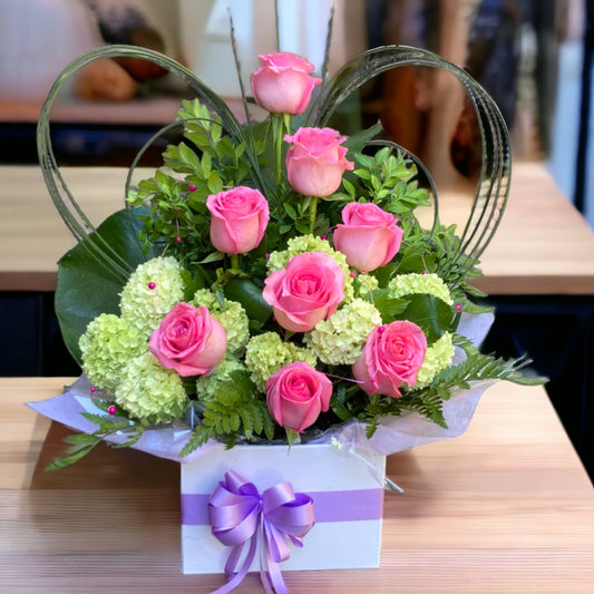 Pink Heart Rose Box with Seasonal Flowers